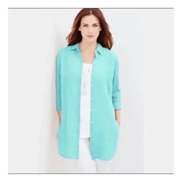 J.Jill Love Linen Women's 100% Linen Aqua Button Down Tunic Blouse Size Small - Picture 1 of 11